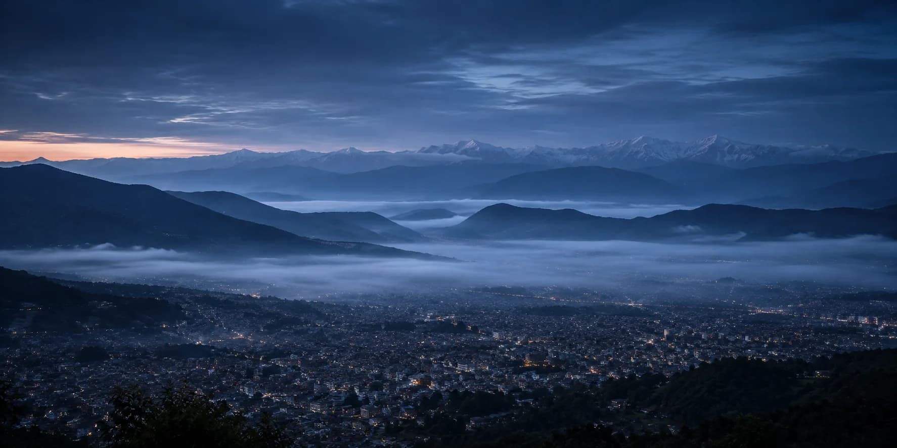 Dawn over the Kathmandu valley and the Himalaya